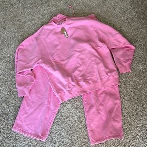 Skims Boyfriend fleece crew and pants in bubblegum pink